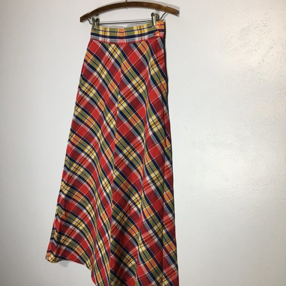 Vintage 60s 70s Plaid Maxi Skirt, Red Blue Plaid A Line Skirt, Hippie Academia - Picture 9 of 14